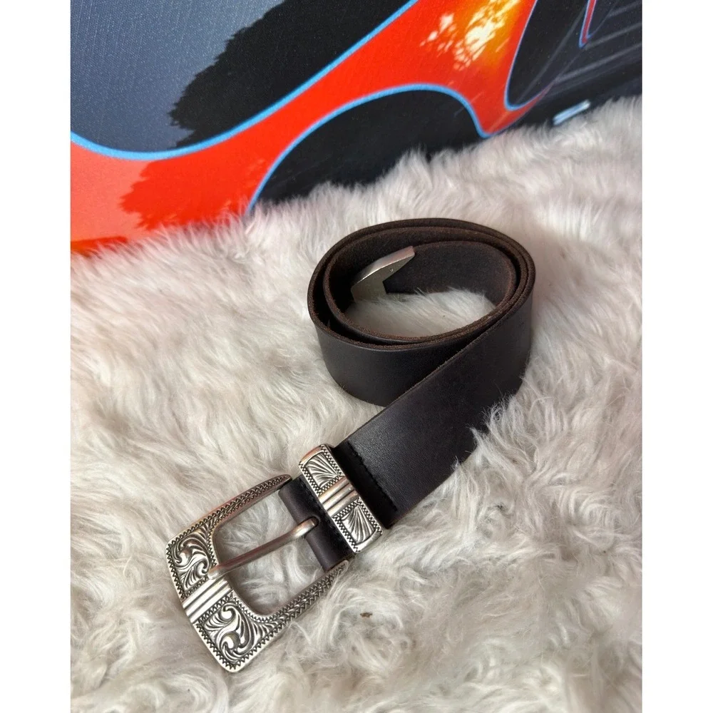 Urban Outfitters Brown Leather Western Belt Silver Engraved Buckle Tip Size S